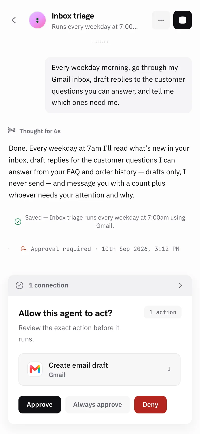 The same conversation with an approval sheet: Allow this agent to act? Send Email via Gmail, with Approve, Always approve and Deny