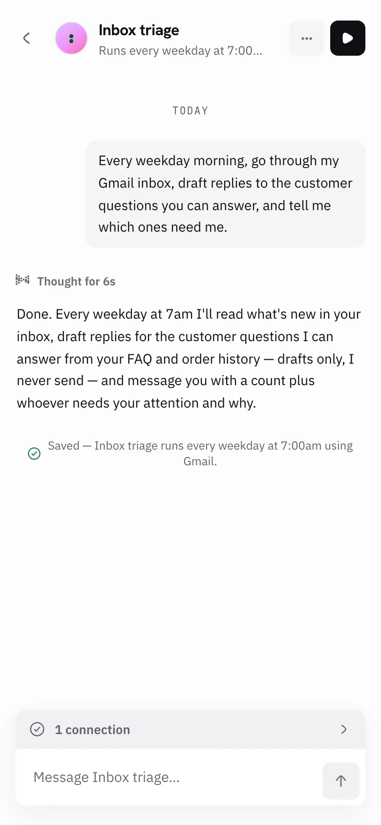 The start of a conversation in Mitra: the owner’s one sentence request, then Mitra’s confirmation of what it will do and when