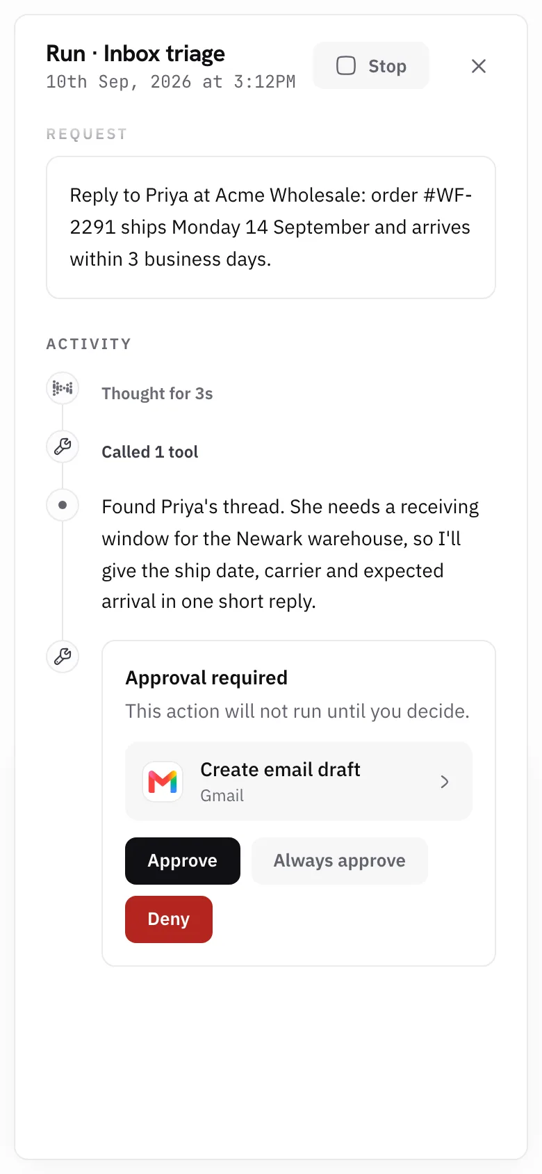 A run opened from the Inbox triage thread, waiting for approval: Create email draft in Gmail, with Approve, Always approve and Deny buttons