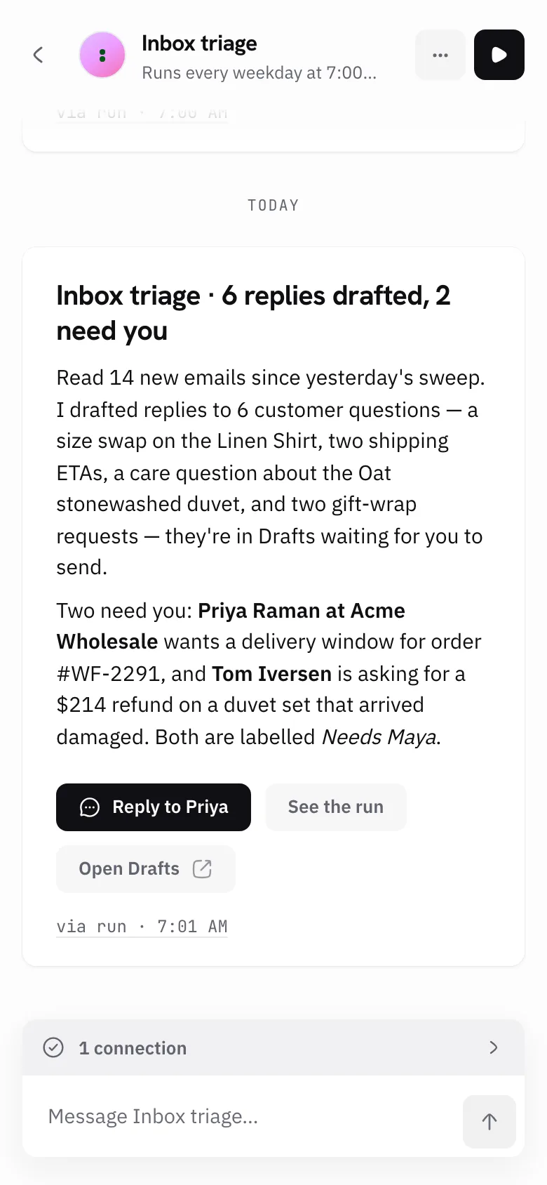 A message from Mitra: Inbox triage, 6 replies drafted, 2 need you, with Reply to Priya and Open Drafts buttons